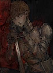1boy 1girl armor black_gloves brown_hair closed_mouth colored_skin commentary d&#039;arce_(fear_&amp;_hunger) dark_background english_commentary fear_&amp;_hunger_(series) fear_&amp;_hunger_1 gloves hand_on_another&#039;s_shoulder hand_on_hilt highres holding holding_sword holding_weapon knight le&#039;garde_(fear_&amp;_hunger) leaning_on_person looking_at_viewer mochapao pauldrons red_skin short_hair shoulder_armor solo_focus spoilers sword upper_body weapon