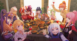 6+girls :d =_= ^_^ animal_ears blonde_hair blue_eyes blue_hair blunt_bangs braid braided_bangs brown_hair candle ceres_fauna cheek-to-cheek cheek_pinching closed_eyes commentary cup dark-skinned_female dark_skin drinking_glass earclip earrings english_commentary english_text extra_ears feather_earrings feathers flower food gawr_gura green_hair grin hair_between_eyes hair_flower hair_intakes hair_ornament hair_over_shoulder hairband hairclip hakos_baelz ham heads_together highres holding holding_cup holocouncil hololive hololive_english holomyth horns indoors irys_(hololive) jewelry layered_sleeves limiter_(tsukumo_sana) long_sleeves looking_at_viewer mori_calliope mouse_ears multicolored_hair multiple_girls myo-zin nanashi_mumei necklace ninomae_ina&#039;nis off_shoulder open_mouth orange_hair ouro_kronii pie pinching pink_hair pinky_out plate ponytail purple_eyes purple_hair red_eyes red_hair sausage selfie sharp_teeth short_hair short_over_long_sleeves short_sleeves side_ponytail single_bare_shoulder smile streaked_hair stud_earrings sweater table tablecloth takanashi_kiara teeth thanksgiving toasting_(gesture) tsukumo_sana turtleneck turtleneck_sweater two-tone_hair v virtual_youtuber watson_amelia white_hair wine_glass yellow_eyes