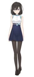 1girl bare_shoulders black-framed_eyewear black_hair black_pantyhose black_shoes blue_eyes blue_skirt frilled_shirt frills glasses hayashi_kewi heterochromia high-waist_skirt loafers looking_at_viewer original pantyhose purple_eyes shirt shoes short_hair simple_background skirt sleeveless sleeveless_shirt solo white_background white_shirt