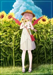1girl :d ^_^ absurdres bag bangle bare_shoulders black_ribbon blunt_bangs blush bow bracelet braid closed_eyes cloud collarbone commentary_request cumulonimbus_cloud demon_wings dress fangs field flower flower_field full_body grey_hair hair_ribbon handbag hat hat_bow highres holding holding_flower jewelry lace_trim long_hair looking_at_viewer makaino_ririmu makaino_ririmu_(3rd_costume) multicolored_hair nanome_to nijisanji no_socks open_mouth partial_commentary platform_sandals pointy_ears red_bag red_eyes red_hair red_wings ribbon see-through_clothes see-through_skirt shoulder_bag sidelocks skirt sky sleeveless sleeveless_dress smile solo standing strap_slip straw_hat streaked_hair sundress sunflower sunflower_field twin_braids virtual_youtuber white_dress wings yellow_hat