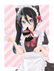 1boy 1girl abarai_renji alternate_costume animal_print apron b_eaka black_hair black_kimono bleach bleach:_epilogue blush border bow cat_print chestnut_mouth chibi chibi_inset closed_mouth colored_eyelashes commentary_request cowboy_shot double-parted_bangs enmaided forehead_tattoo frilled_apron frills hair_between_eyes hair_bow hands_up highres japanese_clothes kimono kuchiki_rukia long_hair looking_at_viewer maid maid_apron maid_headdress open_mouth paw_pose paw_print pink_background ponytail purple_eyes red_bow red_hair side_ponytail simple_background solo_focus straight_hair tsurime white_apron white_border