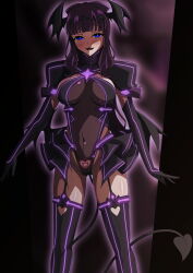 1girl absurdres aoi_tabane black_gloves black_hair black_leotard black_skirt black_thighhighs black_wings blue_eyes blunt_bangs blush breasts clothing_cutout commission corruption cosplay covered_navel dark_persona demon_tail demon_wings elbow_gloves garter_straps gloves glowing gluteal_fold halloween_costume head_wings heart heart_cutout highleg highleg_leotard highres impossible_clothes impossible_leotard kouyoku_senki_exs-tia large_breasts leotard liberator_(exs-tia) long_hair looking_at_viewer microskirt mind_control mole new_game! open_mouth pixiv_commission ponytail pubic_tattoo purple_hair see-through_clothes shiny_skin showgirl_skirt skin_tight skirt smile solo standing tail takimoto_hifumi tattoo thighhighs tiara variant_set wings