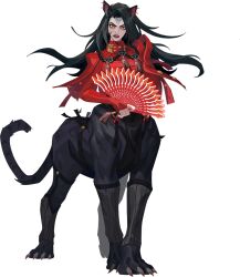 1girl animal_ears black_hair centauroid claws dislyte facial_scar folding_fan full_body hand_fan holding holding_fan jin_yuyao_(queen_mother)_(dislyte) long_hair panther_ears scar scar_on_cheek scar_on_face solo standing tail taur white_background