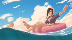 1girl arm_up bare_legs barefoot black_hair blue_sky breasts chocobo cloud cloudy_sky commentary cup drink drinking_straw english_commentary feet final_fantasy final_fantasy_vii final_fantasy_vii_rebirth final_fantasy_vii_remake flower full_body hair_flower hair_ornament hair_up highres holding holding_cup holding_drink innertube long_hair looking_at_viewer medium_breasts midriff moogle ocean official_alternate_costume official_alternate_hairstyle outdoors parted_lips purple_shirt red_eyes rubber_duck shirt sitting sky solo summer swim_ring tied_shirt tifa_lockhart tifa_lockhart_(majestic_glamour) toes vanilloh