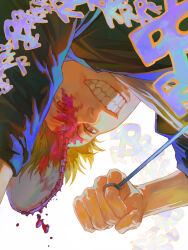 Rule 34 | 1boy, absurdres, black jacket, blonde hair, blood, blood drip, blood in hair, blood on face, chainsaw, chainsaw man, clenched hand, closed mouth, denji (chainsaw man), from below, grin, hieumay, highres, jacket, looking down, nose, nostrils, orange eyes, parted lips, pull cord, shirt, short hair, sidelighting, simple background, sleeves rolled up, smile, sound effects, teeth, white background, white shirt