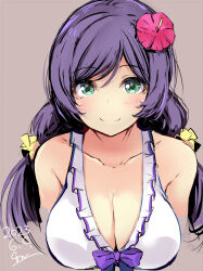 1girl bikini birthday breasts brown_background cleavage collarbone commentary dated flower gengoroh green_eyes hair_flower hair_ornament large_breasts long_hair looking_at_viewer love_live! love_live!_school_idol_project low_twintails purple_hair scrunchie solo swimsuit tojo_nozomi twintails white_bikini yellow_scrunchie