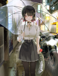 1girl absurdres belt black_choker black_hair black_skirt black_thighhighs breasts building candy choker cleavage closed_mouth collarbone ellen_joe ellen_joe_(on_campus) fins fish_tail food hair_between_eyes hair_ornament highres holding holding_candy holding_food holding_lollipop holding_umbrella lollipop medium_breasts motor_vehicle motorcycle rain red_eyes school_uniform shark_girl shark_tail short_hair skirt solo tail thighhighs transparent transparent_umbrella umbrella wony_(yzxy2737) zenless_zone_zero