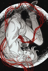 1boy absurdres aotsuki_eito curled_up finger_to_mouth full_body glasses gloves greyscale highres jacket looking_at_viewer male_focus monochrome moon pants short_hair shushing signature solo space spot_color star_(sky) string string_of_fate the_hundred_line_-last_defense_academy- upside-down xinjinjumin839286500137