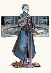 1girl armor blue_hair brown_eyes buckler commentary double-parted_bangs english_commentary full_body gauntlets greaves hair_between_eyes hair_bun herheim highres holding holding_sword holding_weapon huge_weapon looking_at_viewer planted planted_sword planted_weapon plate_armor sabaton shield sidelocks smile solo sword unicorn_overlord virginia_(unicorn_overlord) weapon