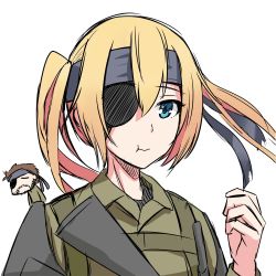 1boy 1girl assault_rifle bandana beard big_boss big_boss_(cosplay) blonde_hair blue_eyes brown_hair chibi cosplay crossover eyepatch facial_hair gun jpc m16 m16a1 metal_gear_(series) metal_gear_solid military military_uniform onishima_homare rifle simple_background sounan_desuka? twintails upper_body weapon white_background