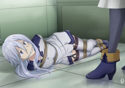 2girls 86_-eightysix- absurdres bdsm bondage boots bound cleave_gag cloth_gag gag gagged henrietta_penrose high_heel_boots high_heels highres improvised_gag kidnapped long_hair looking_at_another lying multiple_girls peril scared shibari thighhighs vakaosciosa vladilena_millize white_hair white_thighhighs