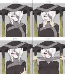 1girl 1other ? ?? absurdres asphyxiation black_hat black_shirt blank_stare blue_eyes blush breasts commentary_request conical_hat disembodied_hand english_text expression_chart expressionless eyepatch faust_(project_moon) grabbing_another&#039;s_breast grey_scarf groping hat highres korean_commentary large_breasts limbus_company one_eye_covered project_moon saeda8e scarf shirt smile strangling sweat twitching white_hair