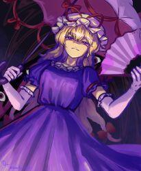 1girl blonde_hair closed_mouth dress elbow_gloves from_below gap_(touhou) gloves hair_between_eyes hair_ribbon hand_fan hat highres holding holding_fan holding_umbrella kureikyo1031 light_smile long_hair looking_at_viewer looking_down mob_cap purple_dress purple_eyes ribbon short_sleeves solo touhou umbrella white_gloves yakumo_yukari