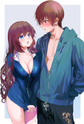 Rule 34 | 1boy, 1girl, a-chan (little busters!), absurdres, alternate costume, aqua jacket, blue eyes, blue jacket, blush, border, breasts, brown eyes, brown hair, cleavage, closed mouth, collarbone, collared jacket, commentary request, cowboy shot, dragon print, embarrassed, eyelashes, grey background, hair between eyes, hair over shoulder, hand in pocket, height difference, hetero, highres, hood, hood down, hooded jacket, jacket, jacket tug, large breasts, little busters!, long hair, looking at another, miiizuno lbs, natsume kyousuke, open mouth, outside border, partially unzipped, short hair, simple background, sleeves past wrists, sweatdrop, tareme, tsurime, very long hair, white border, zipper