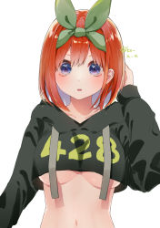 1girl absurdres arm_behind_head arm_up black_hoodie blue_eyes blush breasts clothes_writing collarbone commentary_request cropped_hoodie drawstring eyebrows_hidden_by_hair go-toubun_no_hanayome green_ribbon hair_between_eyes hair_ribbon highres hood hood_down hoodie inami_koa large_breasts long_sleeves looking_at_viewer medium_hair nakano_yotsuba navel open_mouth orange_hair ribbon sidelocks simple_background solo standing stomach twitter_username underboob upper_body white_background