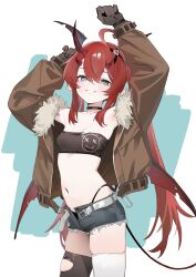 +_+ 1girl absurdres ahoge armpits arms_up asymmetrical_legwear black_choker black_gloves black_panties black_thighhighs black_tube_top blue_eyes breasts brown_jacket choker demon_horns demon_wings denim denim_shorts emika_(starward) fur-trimmed_jacket fur_trim gloves grin highleg highleg_panties highres horns jacket looking_at_viewer navel open_clothes open_jacket panties petite pointy_ears red_hair red_pupils short_shorts shorts simple_background skindentation small_breasts smile solo starward stomach strapless thighhighs tube_top twintails underwear user_dmam8834 white_thighhighs wings