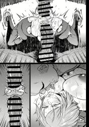 1girl 2boys absurdres anus ass bar_censor belt breasts breasts_squeezed_together brown_eyes brown_hair censored cervical_penetration cervix deep_penetration double_penetration embarrassed erection fellatio group_sex happy_sex henriiku_(ahemaru) highres huge_breasts jujutsu_kaisen kugisaki_nobara licking licking_penis mmf_threesome moaning monochrome motion_lines multiple_boys oral pantyhose penis saliva school_uniform sex sex_from_behind skirt smile threesome torn_clothes torn_pantyhose veins veiny_penis x-ray