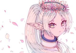 1girl artdroiiid_ii bright_pupils capelet closed_mouth commentary earrings english_commentary expressionless eyelashes falling_petals floating_earrings frieren from_above green_eyes head_wreath highres jewelry long_hair looking_at_viewer parted_bangs petals pointy_ears profile sidelocks simple_background solo sousou_no_frieren teardrop_earrings twintails white_background white_capelet white_hair white_pupils
