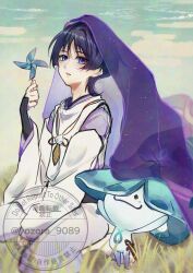 Rule 34 | 1boy, aranara (genshin impact), ararycan (genshin impact), armor, black hair, black sash, blunt ends, clothing cutout, cloud, cloudy sky, eyeliner, eyeshadow, feathers, genshin impact, grass, green sky, hand between thighs, hand up, highres, holding, holding pinwheel, japanese armor, japanese clothes, kariginu, kote, kurokote, layered sleeves, long sleeves, looking at creature, makeup, male focus, open mouth, outdoors, pants, pinwheel, pom pom (clothes), purple eyes, purple sleeves, purple veil, red eyeliner, red eyeshadow, sash, scaramouche (genshin impact), scaramouche (kabukimono) (genshin impact), see-through clothes, see-through veil, shoulder cutout, sitting, sky, string, veil, wariza, watermark, white pants, white sleeves, wispy bangs, yellow feathers, yozora 9089