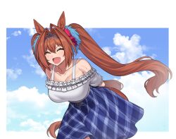 1girl animal_ears bare_shoulders breasts brown_hair closed_eyes cloud collarbone daiwa_scarlet_(umamusume) day fang fukuro_(maruaru00) hair_between_eyes hair_intakes highres horse_ears large_breasts light_blush long_hair open_mouth plaid_clothes plaid_skirt skirt sky solo tiara twintails umamusume very_long_hair