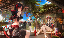 1boy 2girls absurdres antenna_hair arknights ass back bikini black_bikini black_hair black_shorts blue_sky breasts coconut_cup commentary crossed_legs demon_horns english_commentary eyepatch eyewear_on_head food fruit grey_hair highres hoederer_(arknights) holding holding_food holding_fruit horns ines_(arknights) large_breasts long_hair looking_at_viewer milktea_wegan multicolored_horns multiple_girls red_eyes red_hair sandals sarong see-through_clothes see-through_sarong shirt short_hair shorts sitting sky sunglasses swimsuit thigh_strap two-tone_horns w_(arknights) white_shirt wis&#039;adel_(arknights)