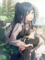 1girl absurdres artist_request black_thighhighs blue_eyes blue_hair breasts brown_shirt cat_on_person condenser_unit flower_pot hand_on_animal high_ponytail highres jewelry kurogane_ren long_hair necklace official_art open_mouth outdoors plant ponytail shine_post shirt sidelocks skirt solo squatting teeth thighhighs upper_teeth_only white_shirt