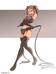 1girl black_gloves black_thighhighs boots breasts brown_eyes brown_hair covered_erect_nipples dominatrix drill_hair dual_wielding earrings elbow_gloves female_focus freckles garter_belt garter_straps gloves holding irving-zero jewelry large_breasts lingerie lipstick makeup navel original sneer solo thigh_boots thighhighs twin_drills twintails underwear underwear_only whip