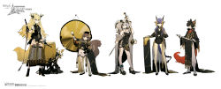 1boy 4girls :&lt; aak_(ambience_synesthesia)_(arknights) aak_(arknights) ambience_synesthesia animal_ears ankle_strap arknights black_dress black_footwear black_hair blonde_hair blue_hair boots breasts brown_eyes cat_boy cat_ears cat_tail ch&#039;en_(ambience_synesthesia_2021)_(arknights) ch&#039;en_(arknights) chinese_clothes cleavage colored_sclera copyright_name dizi dragon_girl dragon_horns dragon_tail dress drum drumsticks erhu eyewear_on_head fang feater_(arknights) flute full_body furry furry_male gong guzheng hair_ornament high_heel_boots high_heels highres holding holding_drumsticks horns infection_monitor_(arknights) instrument leizi_(ambience_synesthesia)_(arknights) leizi_(arknights) long_hair looking_at_viewer multicolored_hair multiple_girls official_alternate_costume official_art open_mouth pants purple_eyes red_eyes rella shaw_(ambience_synesthesia)_(arknights) shaw_(arknights) shorts simple_background sleeveless sleeveless_dress squirrel_ears squirrel_girl squirrel_tail standing star_(symbol) star_hair_ornament sunglasses tail transverse_flute twintails watermark white_background white_footwear white_hair white_pants white_shorts yellow_sclera zither