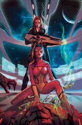 2girls avengers_(series) black_bodysuit black_hair black_widow bodysuit jessica_drew jorge_molina long_hair looking_at_viewer marvel multiple_girls natasha_romanoff red_bodysuit robot spider-woman two-tone_bodysuit yellow_bodysuit