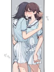 ... 2girls bang_dream! bang_dream!_it&#039;s_mygo!!!!! black_hair blue_shirt blush brown_hair commentary_request hanasakigawa_school_uniform hand_in_another&#039;s_hair highres long_hair medium_hair multiple_girls nanami_(nunnun_0410) pleated_skirt purple_eyes sailor_collar school_uniform serafuku shiina_taki shirt short_sleeves skirt spoken_ellipsis stuck sweat white_sailor_collar white_skirt yahata_umiri yuri