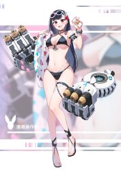 1girl ankle_lace-up arm_scrunchie arm_up asymmetrical_bangs bare_arms bare_legs bare_shoulders bikini black_bikini black_choker black_hair black_scrunchie blue_hair bracelet breasts cellphone choker commentary_request criss-cross_halter criss-cross_straps earrings enkaku-sousa-chan_(morros) floating flower front-tie_bikini_top front-tie_top hair_flower hair_ornament halterneck hand_up highres holding holding_phone holding_swim_ring innertube jewelry lace lace_choker layered_bikini long_hair mechanical_hands mismatched_earrings morros multicolored_hair navel o-ring o-ring_footwear o-ring_top original phone pink_hair rabbit_hair_ornament red_eyes sandals scrunchie simple_background smartphone standing standing_on_one_leg stomach straight_hair streaked_hair string_bikini swim_ring swimsuit thigh_strap thighs translated underboob very_long_hair white_background white_innertube zoom_layer