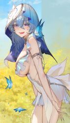 Rule 34 | 1girl, armlet, blue butterfly, blue hair, blue veil, breasts, bug, butterfly, commentary, cowboy shot, dress, fingernails, from side, hair between eyes, insect, jewelry, large breasts, leaning forward, long fingernails, open mouth, purple eyes, shorekeeper (wuthering waves), sib (9obsl), sleeveless, sleeveless dress, smile, solo, two-tone veil, veil, white dress, white veil, wuthering waves