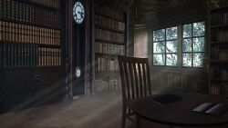 Rule 34 | book, bookshelf, chair, chinese commentary, clock, commentary request, day, grandfather clock, highres, indoors, light rays, no humans, open book, original, sunbeam, sunlight, table, window, zaq (pgvc4472)