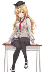 1girl amagi_(amagi626) black_hat black_pantyhose black_sailor_collar blonde_hair blue_skirt blush breasts cardigan desk earrings full_body grey_cardigan hat highres jewelry large_breasts long_hair long_sleeves looking_at_viewer matara_okina miniskirt neckerchief on_desk open_mouth pantyhose pleated_skirt red_neckerchief sailor_collar school_uniform serafuku shoes sitting skirt smile solo touhou white_background white_shoes yellow_eyes