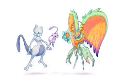 absurdres animal_ears antlers blush_stickers cat_ears cat_tail claws elfilin erkshnrt fecto_elfilis floating full_body furry gen_1_pokemon highres horns kirby_(series) kirby_and_the_forgotten_land legendary_pokemon mew_(pokemon) mewtwo mouse_ears multicolored_eyes mythical_pokemon nintendo pokemon pokemon_(creature) purple_eyes simple_background solid_oval_eyes tail white_background wing_ears