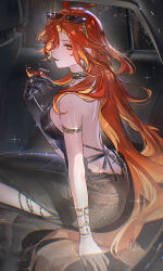 1girl absurdres aji_11300913 alternate_costume backless_dress backless_outfit black_dress black_gloves breasts dress earrings eyewear_on_head genshin_impact gloves gold_armlet highres jewelry long_hair looking_at_viewer mavuika_(genshin_impact) parted_lips red_hair ring sideboob single_glove sitting solo sunglasses symbol_in_eye very_long_hair