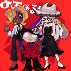 3girls aqua_hair arms_behind_back bare_shoulders bilbythesandwing4733 black_dress black_hat black_necktie black_pants black_shoes black_suspenders blonde_hair collared_shirt dark-skinned_female dark_skin domino_mask dress glasses grey_eyes grey_hat hair_over_one_eye hand_up hat height_difference highres index_finger_raised long_sleeves mask multiple_girls necktie nintendo opaque_glasses open_mouth orange_hair pants patterned_hair plaid_clothes plaid_shirt purple_eyes purple_hair red_background red_shirt round_eyewear shirt shoes smile splatoon_(series) splatoon_3 strapless strapless_dress suction_cups tao_blu_(splatoon) tentacle_hair tosh_(splatoon) white_shirt yoko_(splatoon)