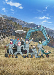 5girls :d arms_up black-framed_eyewear black_footwear black_hair black_scarf blue_eyes blue_hair blue_jumpsuit boots brown_hair brown_scarf chihuahua chikuwa_(yurucamp) commentary_request dog excavator glasses green_scarf hair_between_eyes holding holding_shovel inuyama_aoi jumpsuit kagamihara_nadeshiko key_visual long_hair multiple_girls official_art oogaki_chiaki open_mouth orange_boots outdoors ponytail promotional_art purple_eyes purple_hair red_scarf rubber_boots saitou_ena scarf shima_rin short_hair shovel smile swept_bangs thick_eyebrows wheelbarrow yurucamp yurucamp_movie