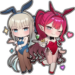 Rule 34 | 2girls, absurdres, animal ears, baobhan sith (fate), blue eyes, blue leotard, blush, breasts, brown pantyhose, deformed, fake animal ears, fate/grand order, fate (series), frilled leotard, frills, full body, grey eyes, hair ribbon, hand up, highres, leotard, mishiro (ixtlolton), morgan le fay (fate), mother and daughter, multiple girls, one eye closed, pantyhose, pink hair, playboy bunny, pointy ears, ponytail, rabbit ears, red leotard, ribbon, sidelocks, small breasts, smile, white background, wrist cuffs