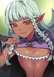 1girl aqua_hair black_cape braid breasts cape cleavage closed_mouth commentary_request dark-skinned_female dark_elf dark_skin elf fingernails highres kitada_(rugshot) leotard long_hair looking_at_viewer medium_breasts pointy_ears purple_cape red_eyes rosalinde_(unicorn_overlord) smile solo twin_braids two-tone_cape unicorn_overlord white_leotard