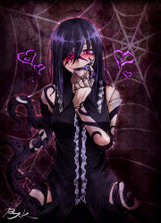 1girl ageha_(ray-k) black_dress blush butterfly_affection center_frills colored_tongue commentary_request doll_joints dress earrings extra_pupils frilled_shirt_collar frills hair_between_eyes heart highres jewelry joints long_hair looking_at_viewer making-of_available monster_girl original parted_lips purple_hair purple_tongue ray-k signature sleeveless sleeveless_dress slit_pupils smile solo spider_web_background tentacles tongue tongue_out upper_body