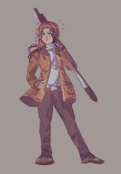 Rule 34 | 1boy, ao no kiseki, blue eyes, curtained hair, eiyuu densetsu, findergirls, floating hair, full body, grey background, hand on own hip, highres, holding, holding polearm, holding weapon, jacket, long hair, looking at viewer, male focus, open clothes, open jacket, pants, polearm, ponytail, randolph orlando, red hair, simple background, smile, solo, weapon, zero no kiseki