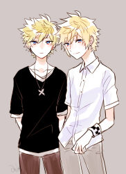 2boys anoko_(darenokoanoko) black_shirt blonde_hair blue_eyes brown_pants casual checkered_clothes collared_shirt commentary_request expressionless grey_background grey_pants jewelry kingdom_hearts light_smile looking_at_viewer male_focus multiple_boys necklace pants pendant roxas shirt short_hair short_sleeves simple_background spiked_hair t-shirt upper_body ventus_(kingdom_hearts) white_shirt wing_collar wristband