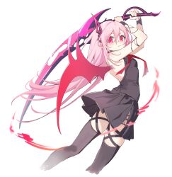 bare_arms bare_shoulders black_shirt black_skirt black_thighhighs engage_kiss highres kisara_(engage_kiss) looking_at_viewer pink_eyes pink_hair shirt simple_background skirt thighhighs thighs white_background yunweishukuang
