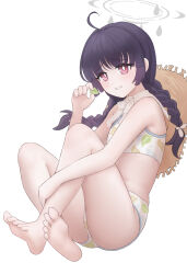 1girl absurdres barefoot black_hair blue_archive blush braid feet hat highres long_hair looking_at_viewer miyu_(blue_archive) miyu_(swimsuit)_(blue_archive) parted_lips polan_kui red_eyes soles straw_hat swimsuit toes twin_braids