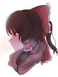 1girl bow brown_eyes brown_hair brown_scarf checkered_clothes checkered_scarf frilled_bow frilled_hair_tubes frills hair_bow hair_tubes hakurei_reimu half_updo long_hair open_mouth portrait profile red_bow scarf simple_background solo touhou white_background yuyuramen