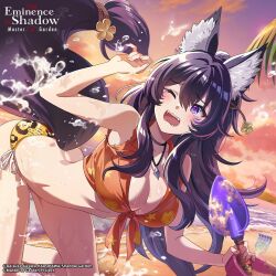 1girl animal_ear_fluff animal_ears artist_request beach bent_over black_hair breasts cleavage cloud copyright_name copyright_notice delta_(kage_no_jitsuryokusha_ni_naritakute!) holding_trowel jewelry kage_no_jitsuryokusha_ni_naritakute! kage_no_jitsuryokusha_ni_naritakute!_master_of_garden long_hair necklace ocean official_art one_eye_closed open_mouth orange_shirt purple_eyes shirt sky solo tail tearing_up tied_shirt wet