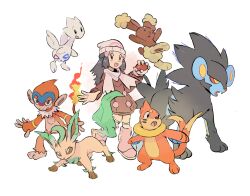Rule 34 | 1girl, :d, beanie, boots, buizel, buneary, coat, dawn (pokemon), gen 2 pokemon, gen 4 pokemon, hat, highres, holding, holding poke ball, leafeon, luxray, monferno, nintendo, open mouth, pink boots, pink coat, poke ball, poke ball print, poke ball symbol, pokemon, pokemon (creature), pokemon dppt, pokemon platinum, scarf, smile, togetic, waackery, white background, white hat, white scarf