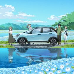 2boys 2girls :o arm_up bag black_eyes black_hat black_pants black_socks blue_car blue_flower blue_sky bottle brown_hair brown_hat bucket_hat car cloud collared_shirt commentary_request day flower glasses grass green_shirt grey_shirt grey_skirt hand_on_own_hip hat high-waist_skirt highres hill holding holding_bottle long_hair long_skirt medium_hair motor_vehicle mountainous_horizon multiple_boys multiple_girls nature open_mouth original outdoors pants parted_lips pointing potg_(piotegu) reflection reflective_water sandals scenery shading_eyes shirt shoes short_hair short_sleeves shoulder_bag skirt sky smile socks standing t-shirt three-quarter_sleeves tree water water_bottle white_pants white_shirt white_shoes wing_collar