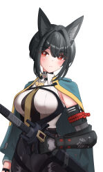 1girl absurdres animal_ear_fluff animal_ears aqua_jacket black_choker blunt_bangs blush chest_harness choker collared_shirt cosplay cowboy_shot evelyn_chevalier evelyn_chevalier_(cosplay) fox_ears fox_girl gauntlets hair_intakes hair_up harness high-waist_pants highres holding holding_sword holding_weapon hoshimi_miyabi jacket jacket_on_shoulders katana leotiga necktie pants red_eyes shirt single_gauntlet sword upper_body weapon yellow_necktie zenless_zone_zero